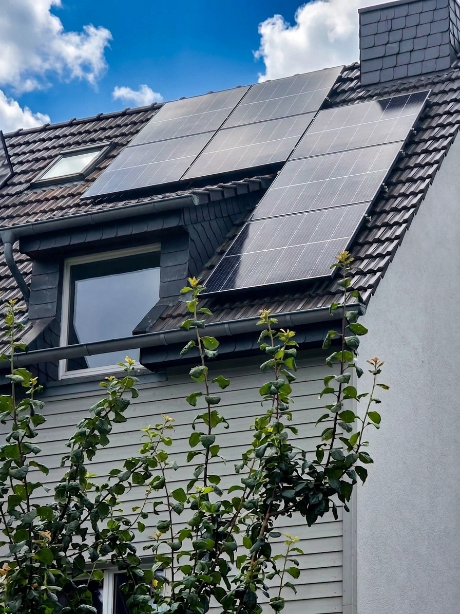 Zusätzliche Solarmodule auf einem Wohnhausdach — Photovoltaik erweitern heißt, freie Dachfläche mit weiteren Modulen belegen