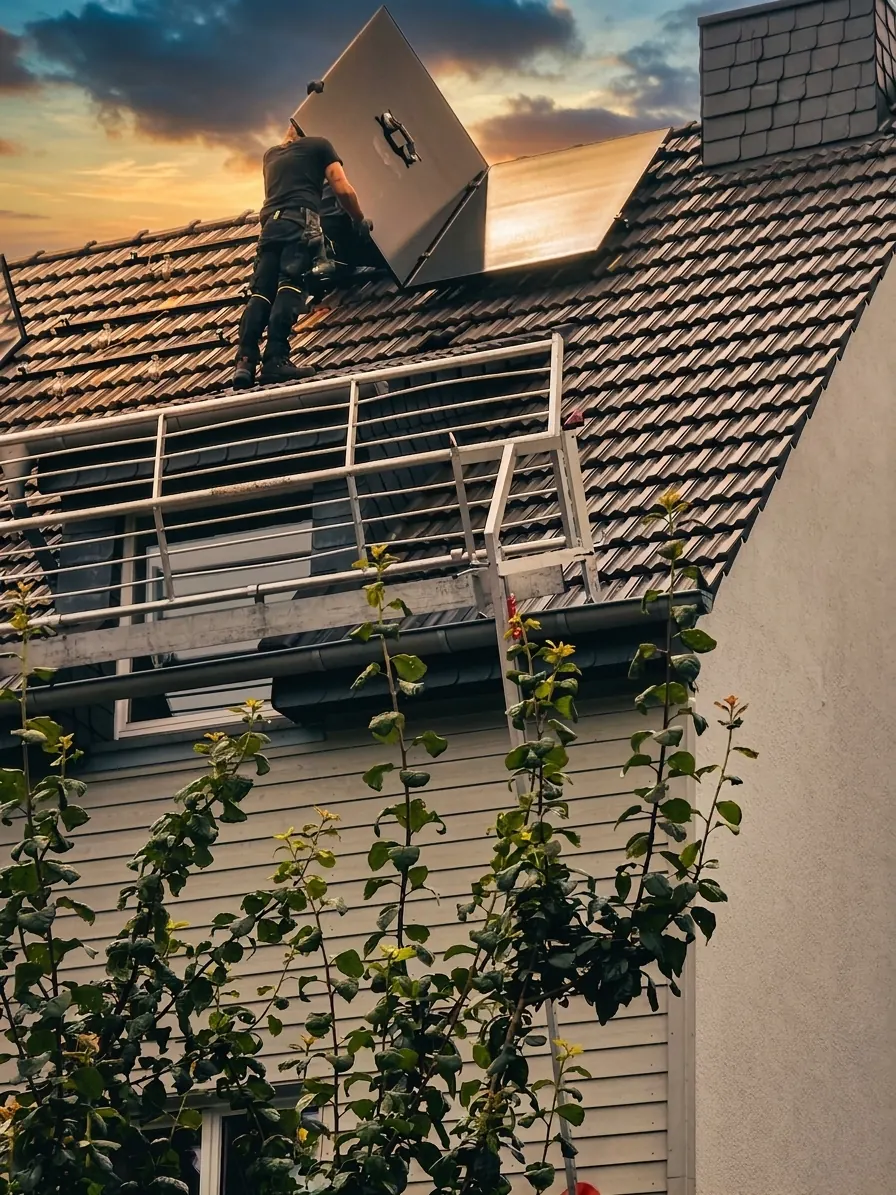 Montage einer Photovoltaik-Anlage im Abendlicht