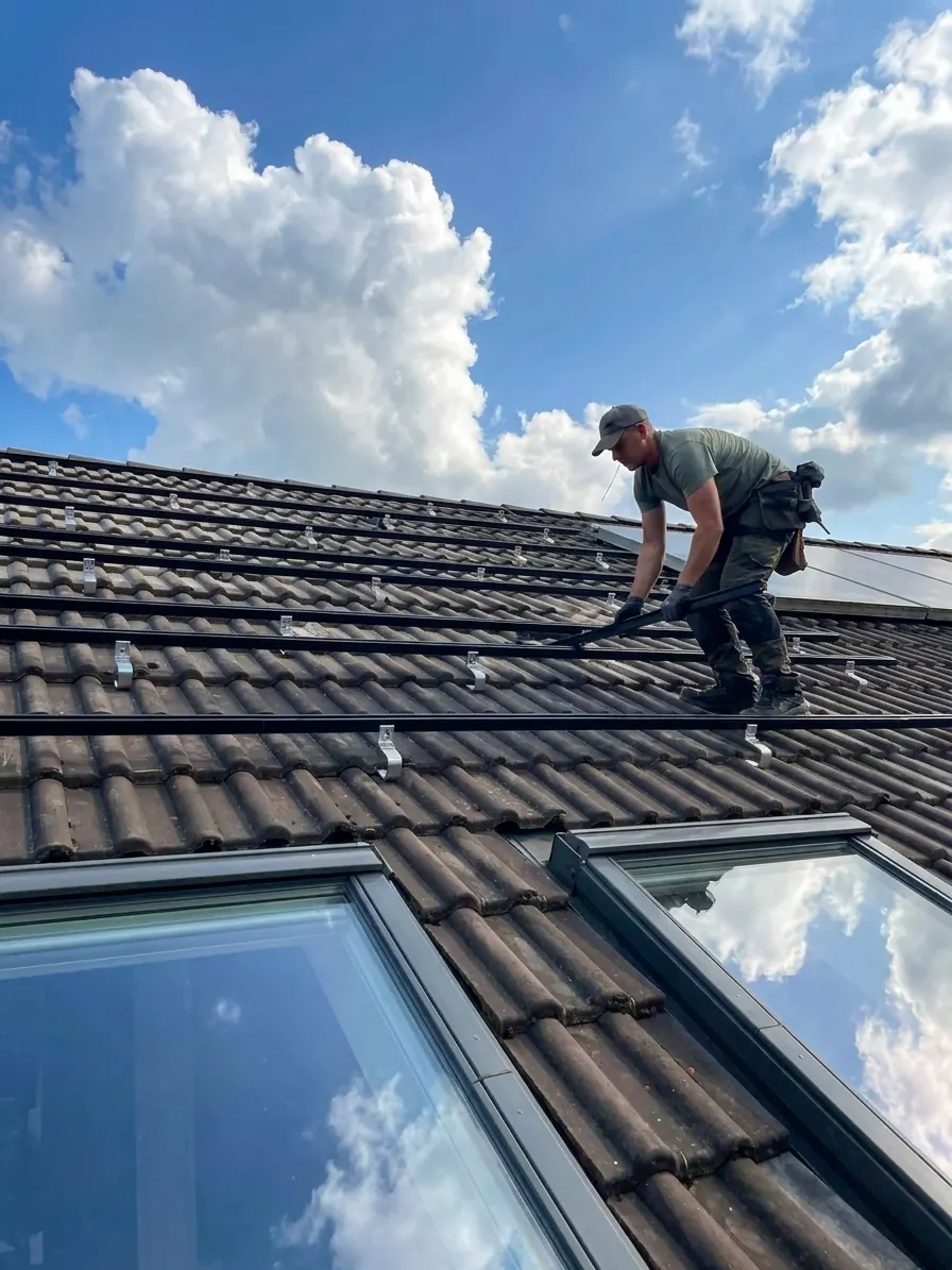 Montageschienen auf einem Einfamilienhausdach — Vorbereitung für die PV-Modulinstallation durch einen qualifizierten Partnerbetrieb