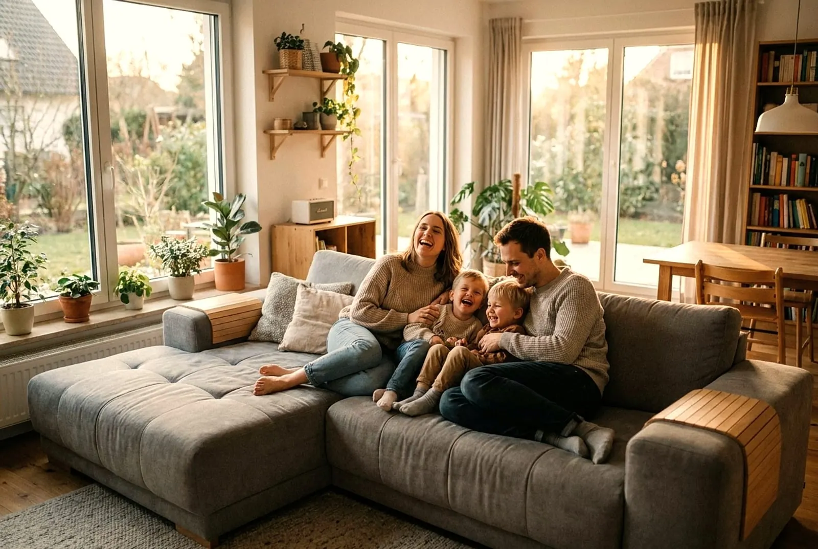Familie genießt ihr energieautarkes Zuhause