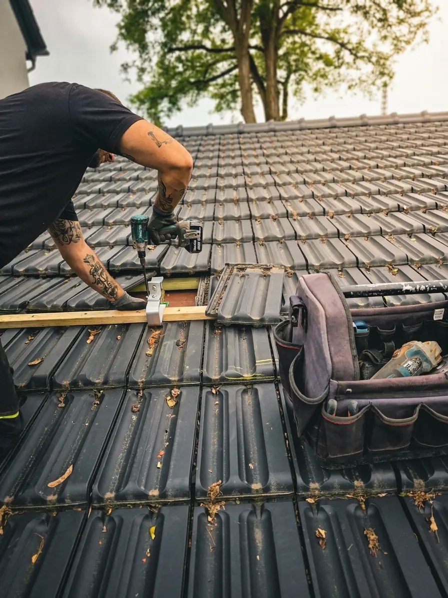 Detailaufnahme PV-Modul und Montageschiene — präzise handwerkliche Arbeit nach aktuellen technischen Standards