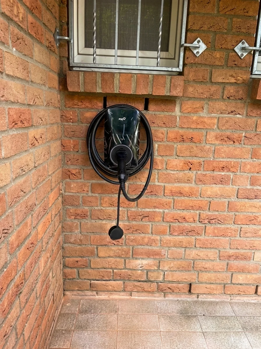 Moderne Wallbox an einer Garagenwand montiert, Nahaufnahme mit Ladekabel