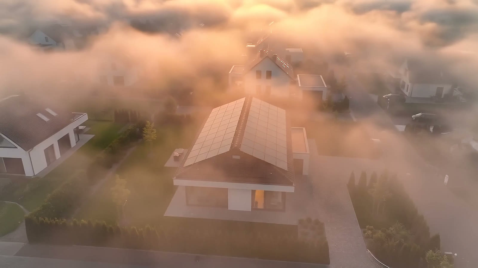 Luftaufnahme eines Einfamilienhauses mit Photovoltaik-Anlage bei Sonnenaufgang