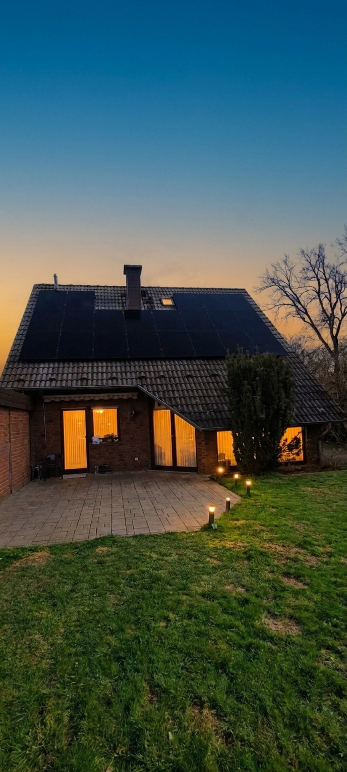 Bestands-Einfamilienhaus mit Ziegeldach bei Abendlicht — hier entscheidet sich, ob sich Eigenverbrauch oder Repowering lohnt