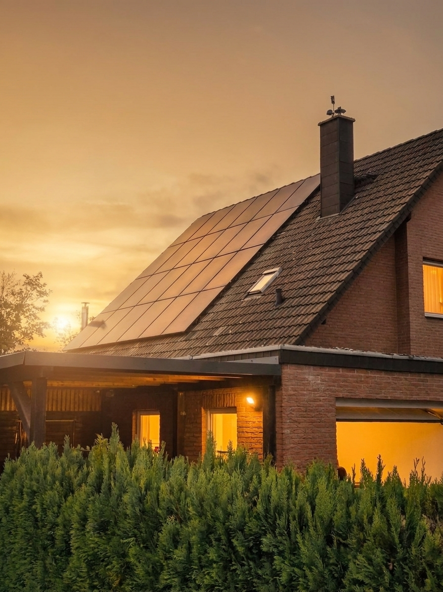 Klinkerhaus mit Photovoltaikanlage im Abendlicht
