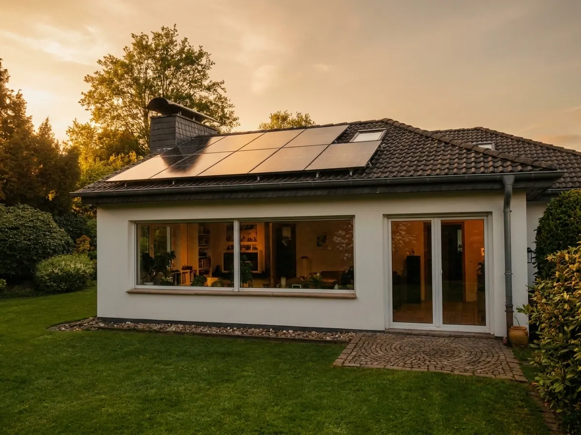 Solarmodule auf einem Ziegeldach — typisches Einfamilienhaus mit Südausrichtung