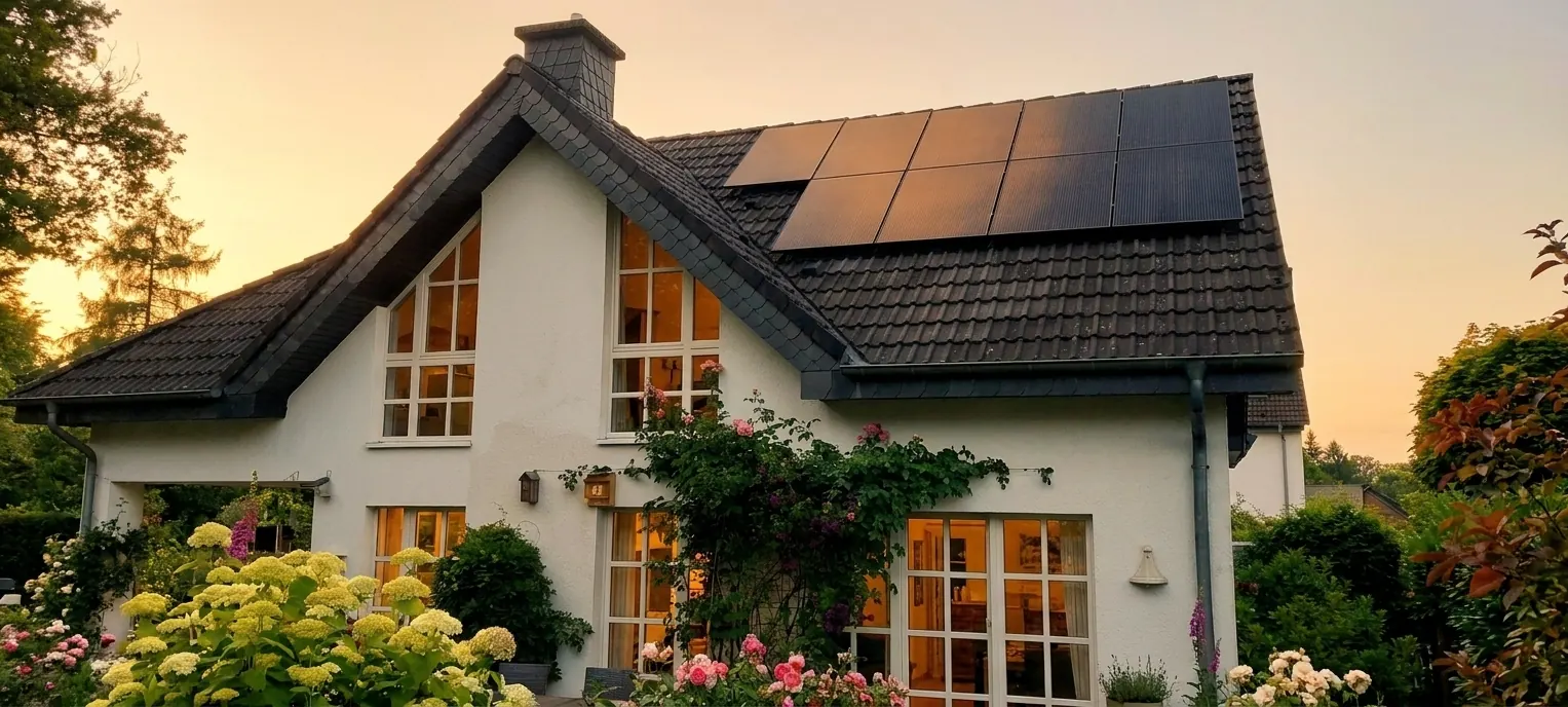 Einfamilienhaus mit Photovoltaikanlage auf dem Dach — typisches Bild für das 10-kWp-Beispiel