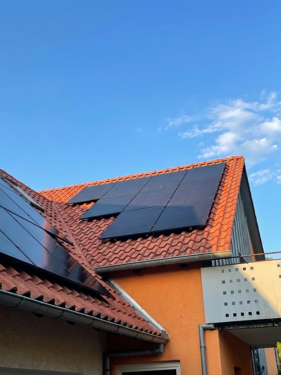 Photovoltaik-Module auf einem roten Ziegeldach – Verschattung durch Schornstein und Bäume wird vor der Planung simuliert