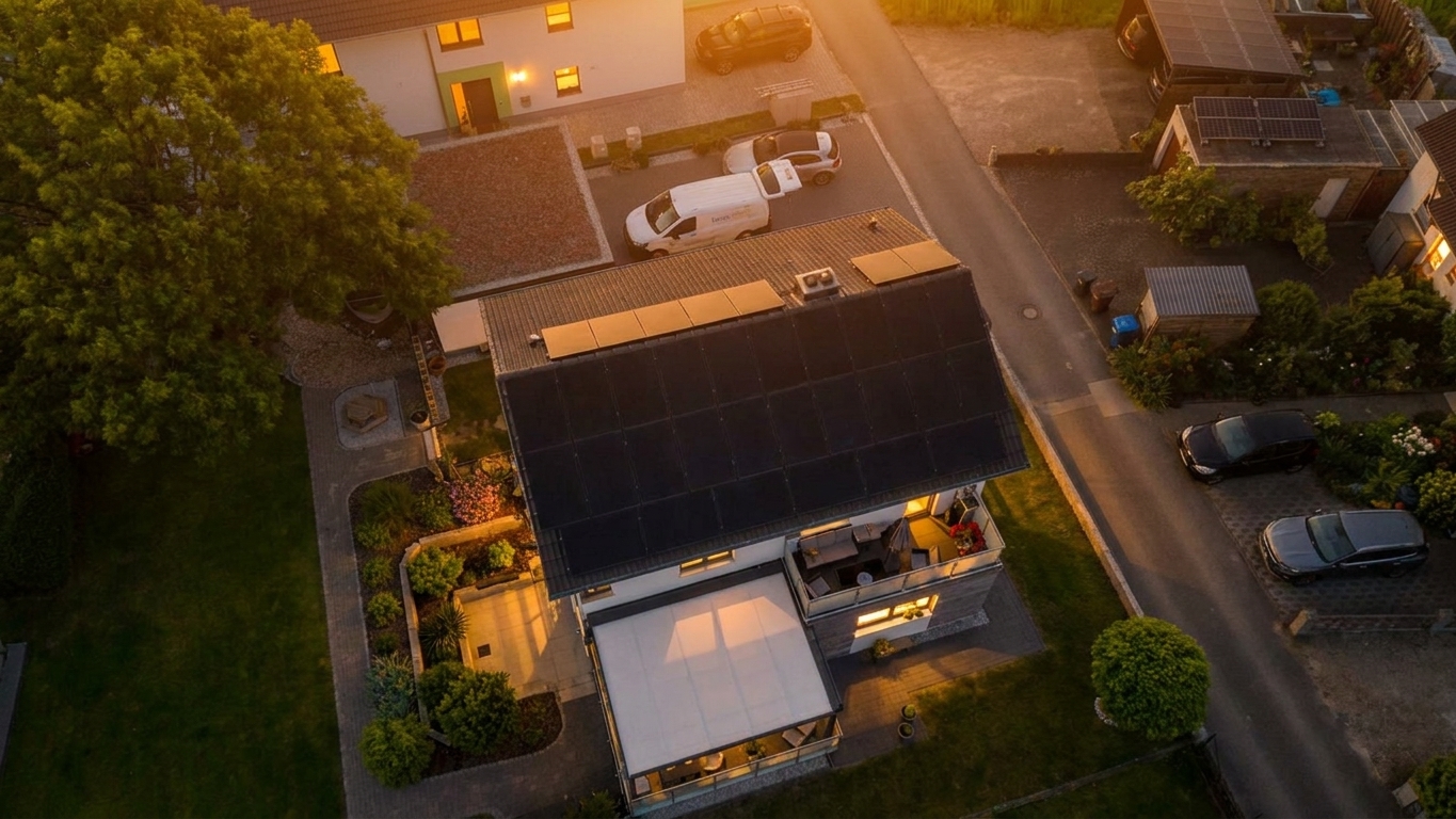 Wohngebiet in NRW mit Photovoltaik-Dächern aus der Luft
