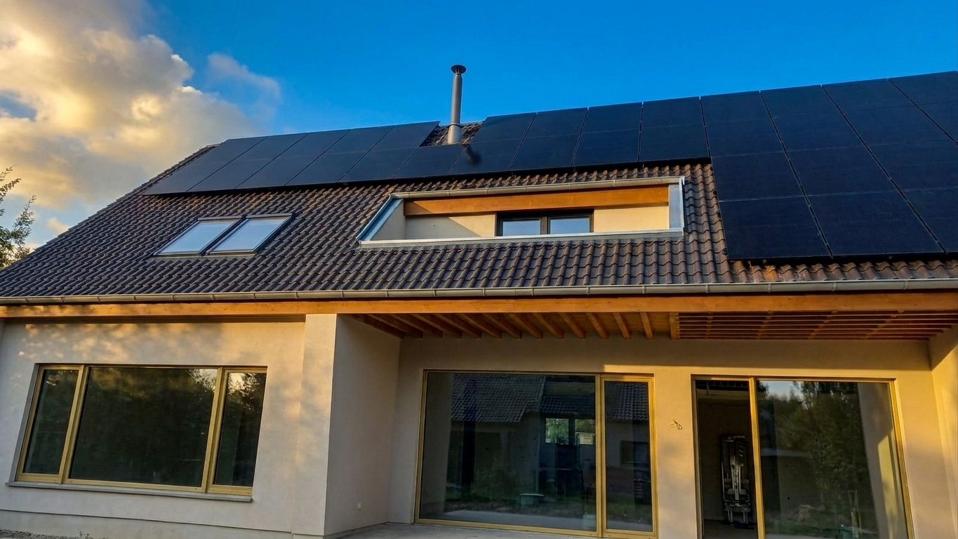Fertige Photovoltaikanlage auf einem Wohnhausdach — welcher Wechselrichter dazu passt, entscheidet sich vor der Montage