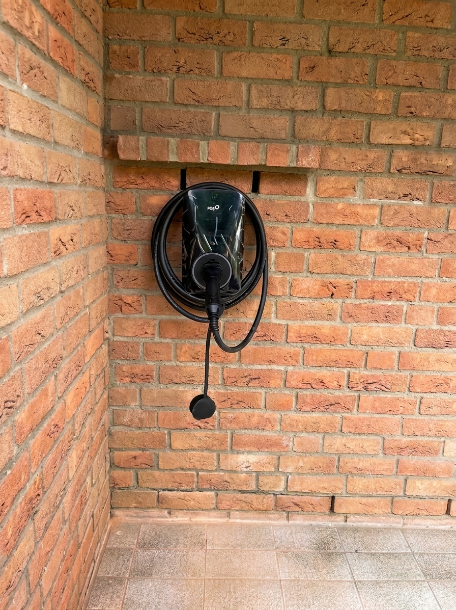 Nahaufnahme einer privaten Wallbox mit angeschlossenem Ladekabel