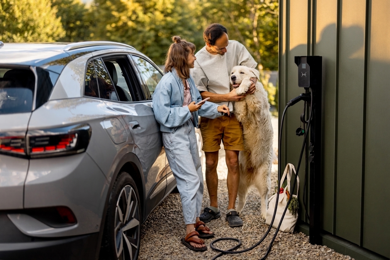 Elektroauto lädt an einer privaten Wallbox vor einem Einfamilienhaus, daneben ein Paar mit Hund