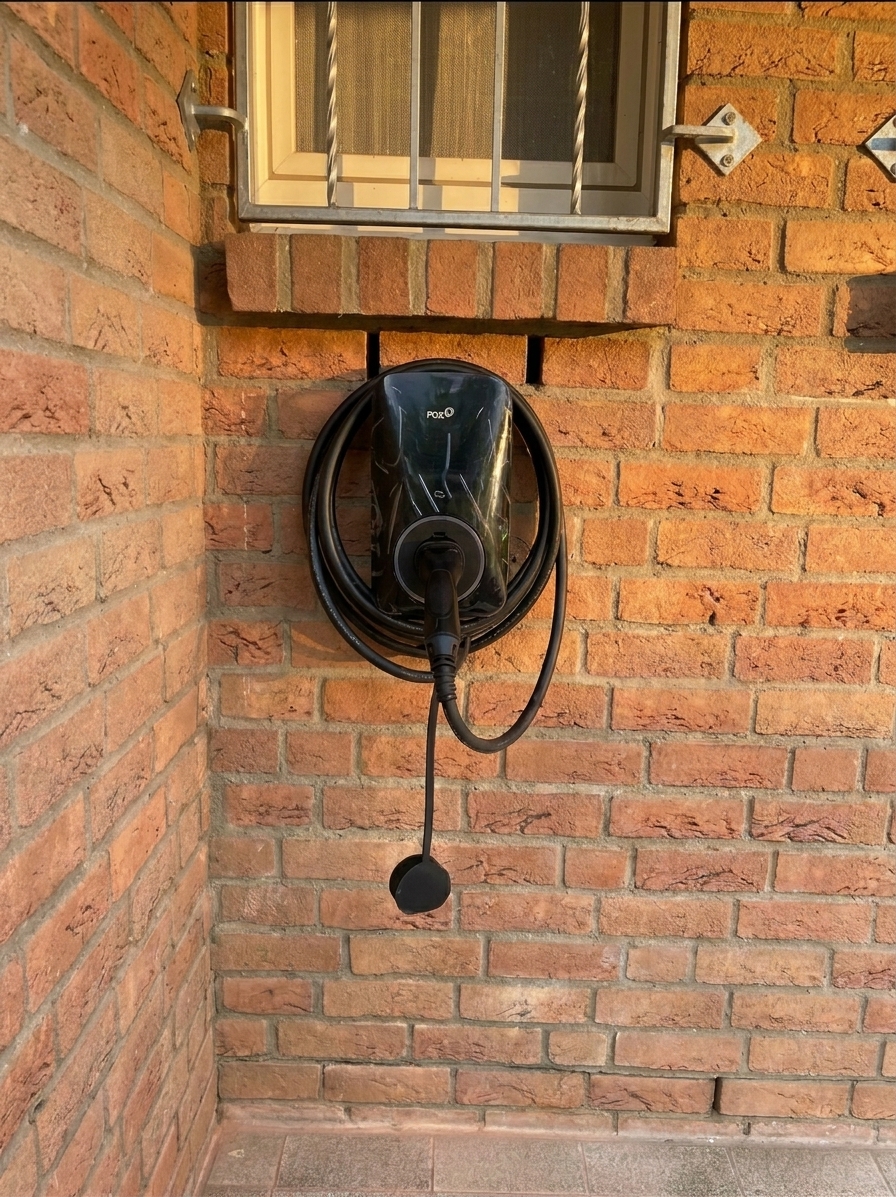11-kW-Wallbox mit eingestecktem Ladekabel, in warmem Abendlicht an einer Außenwand montiert