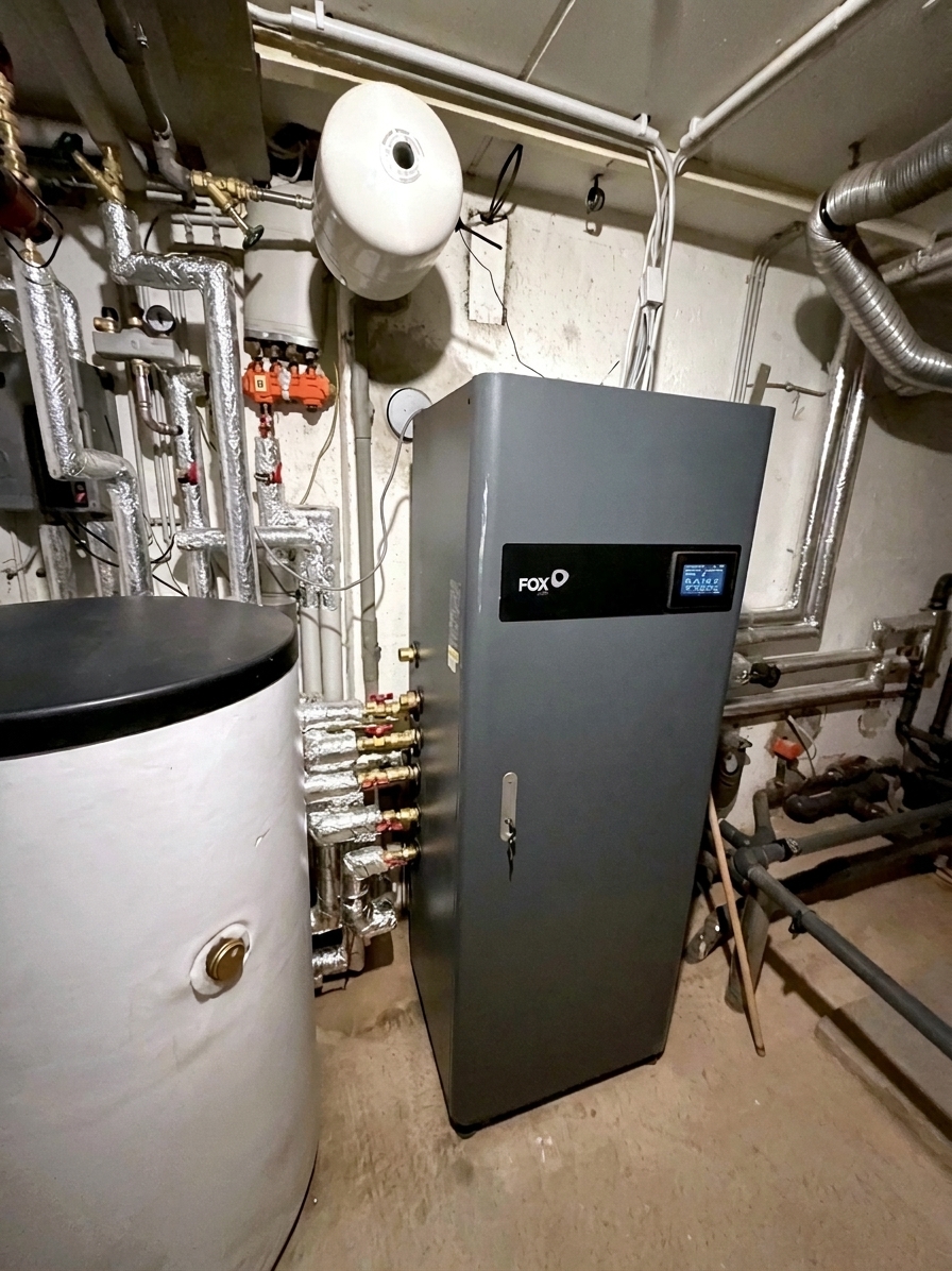 Wärmepumpen-Inneneinheit mit Hydraulikmodul und Pufferspeicher im Technikraum