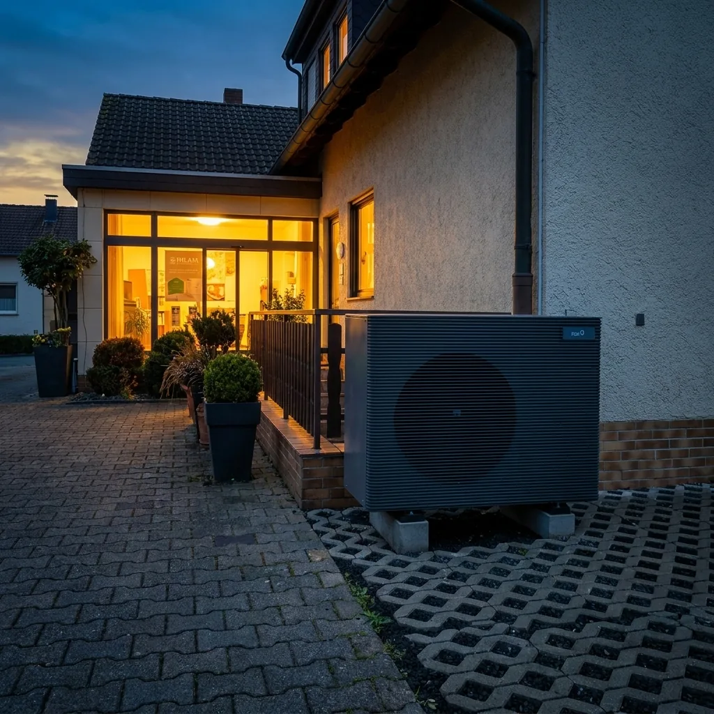 Luft-Wasser-Wärmepumpe als Außeneinheit an einem Einfamilienhaus im Altbau in NRW zur blauen Stunde