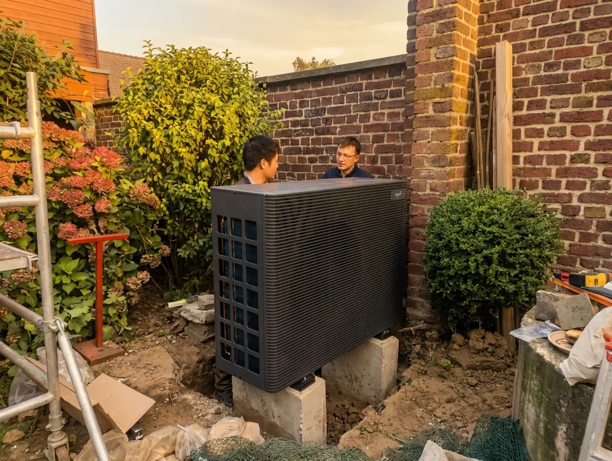 Wärmepumpen-Außeneinheit auf Fundament an einem Backstein-Altbau in NRW